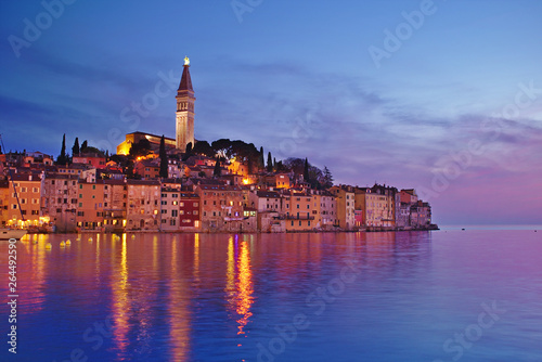 Rovinj old Town with the Cathedral of St. Euphemia in the blue hour at night