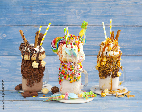 Extreme milkshake or freak shake . Copyspace 