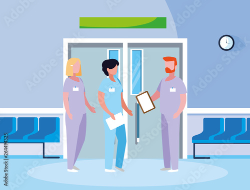 group medicine workers in elevator door