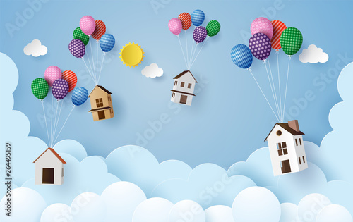 Whimsical Floating Houses with Colorful Balloons