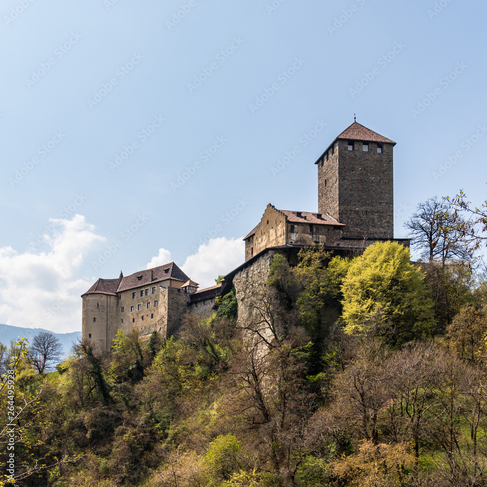 Detail view on Tyrol Castle on mountain. Tirol Village, Province Bolzano, South Tyrol, Italy.