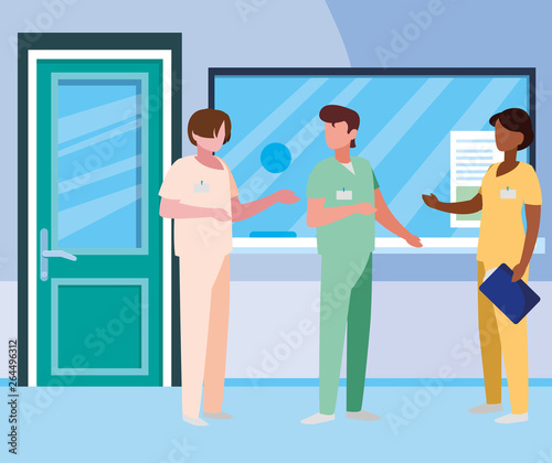 interracial group medicine workers in hospital reception