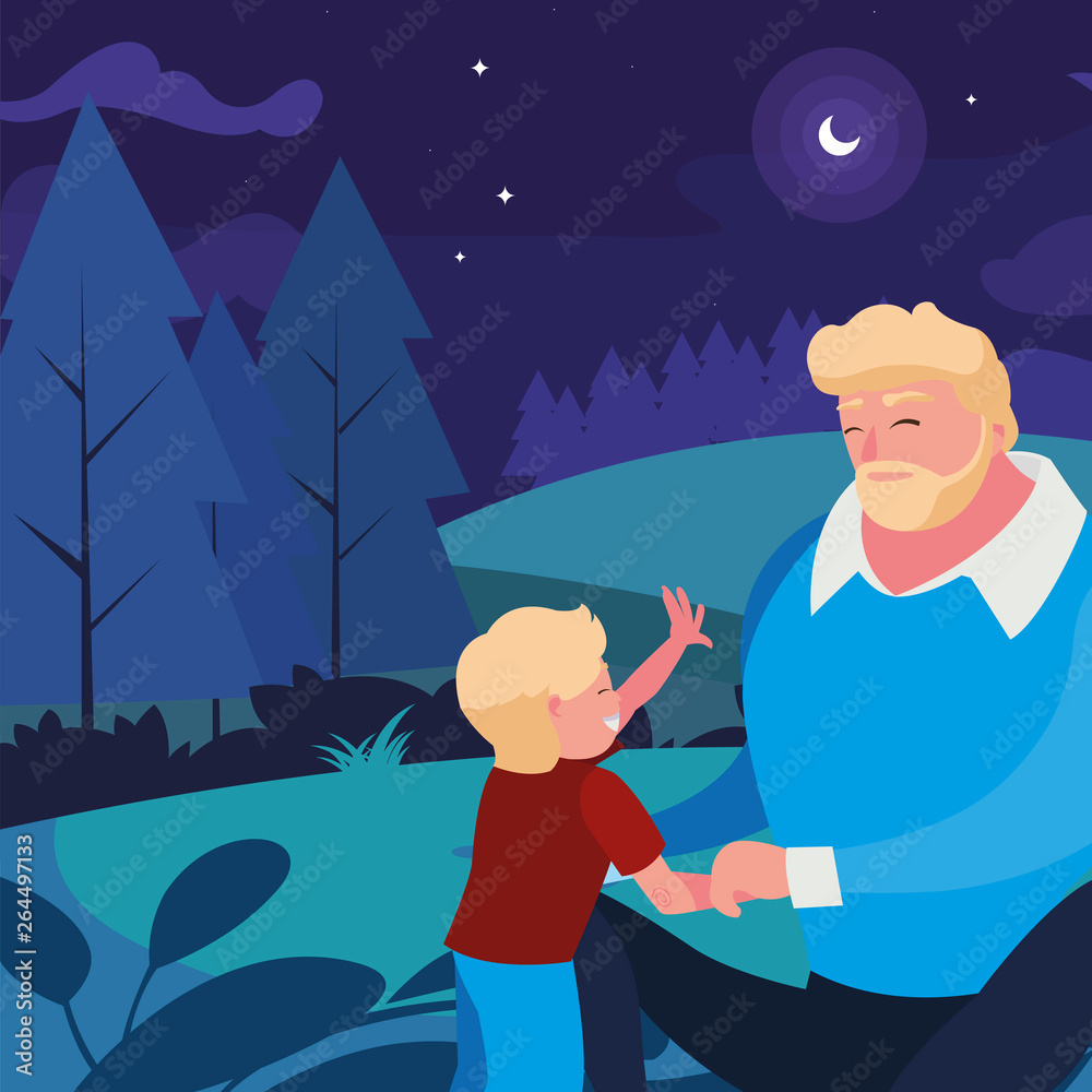 father with son in the field at night father with son in the field at night