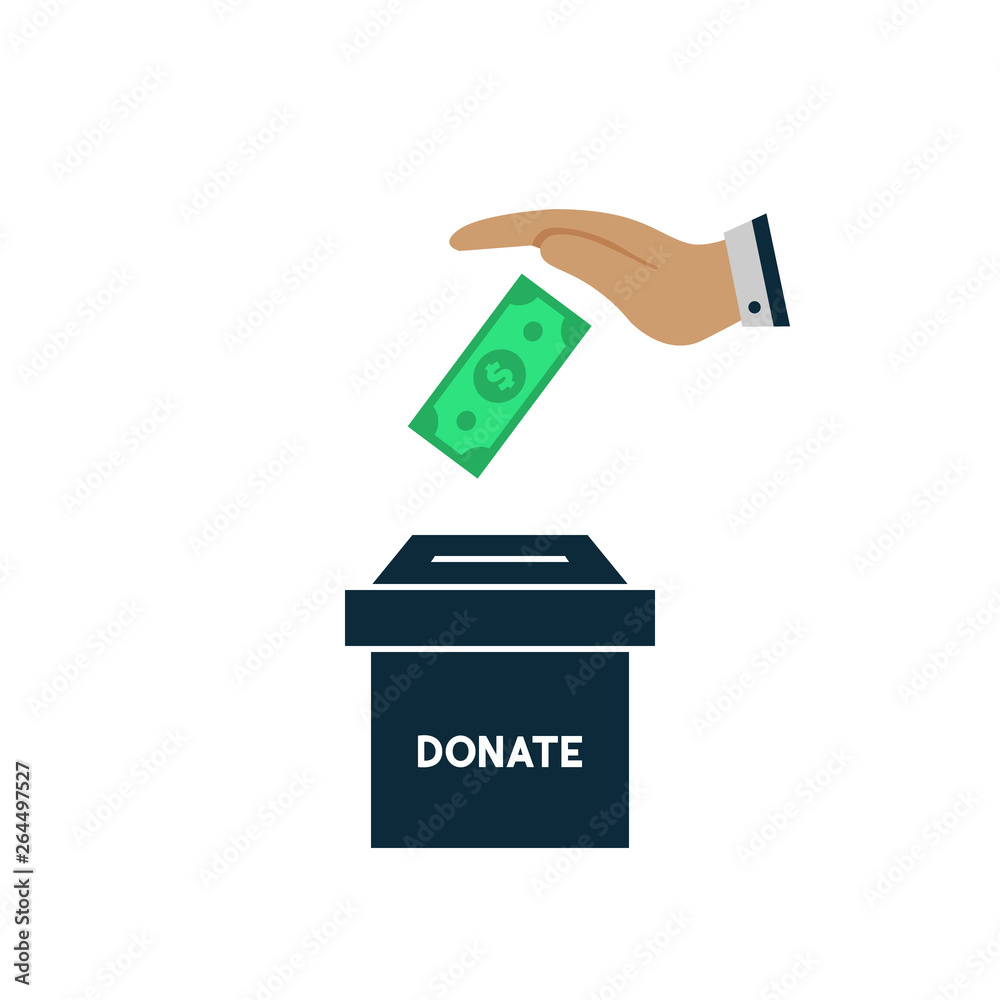 donate money and charity concept hand throws dollar in a box for donations . vector symbol donate money and charity concept hand throws dollar in a box for donations . vector symbol