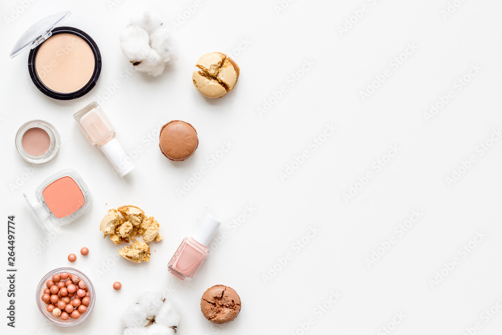 make-up accessories and fashion stylish cosmetics on white desk background top view mock up