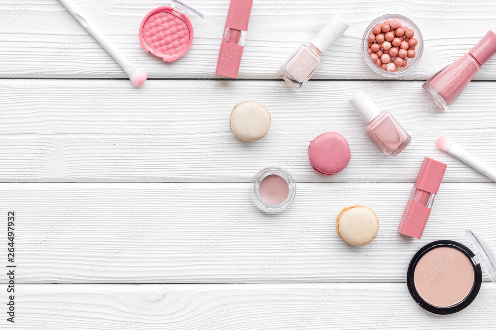 make-up accessories and fashion stylish cosmetics on white wooden desk background top view copy space make-up accessories and fashion stylish cosmetics on white wooden desk background top view copy space