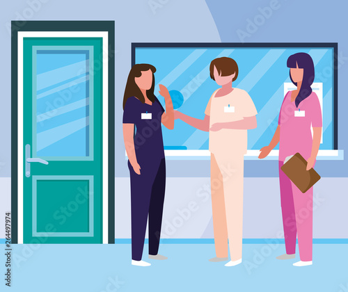 group medicine workers in hospital reception
