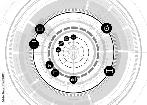 vector thumbprint icon with functional icon on futuristic wheel. sci-fi background concept for finger scan technology and privacy access.