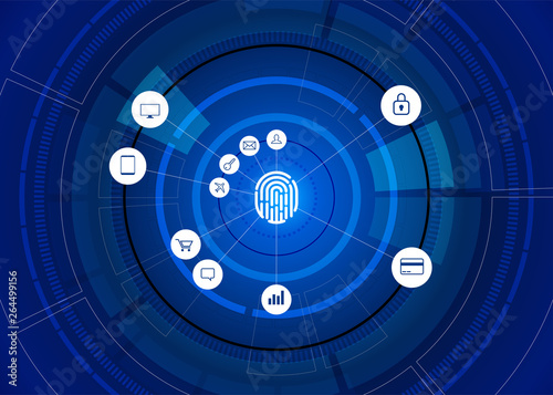 vector thumbprint icon with functional icon on futuristic wheel. sci-fi background concept for finger scan technology and privacy access.