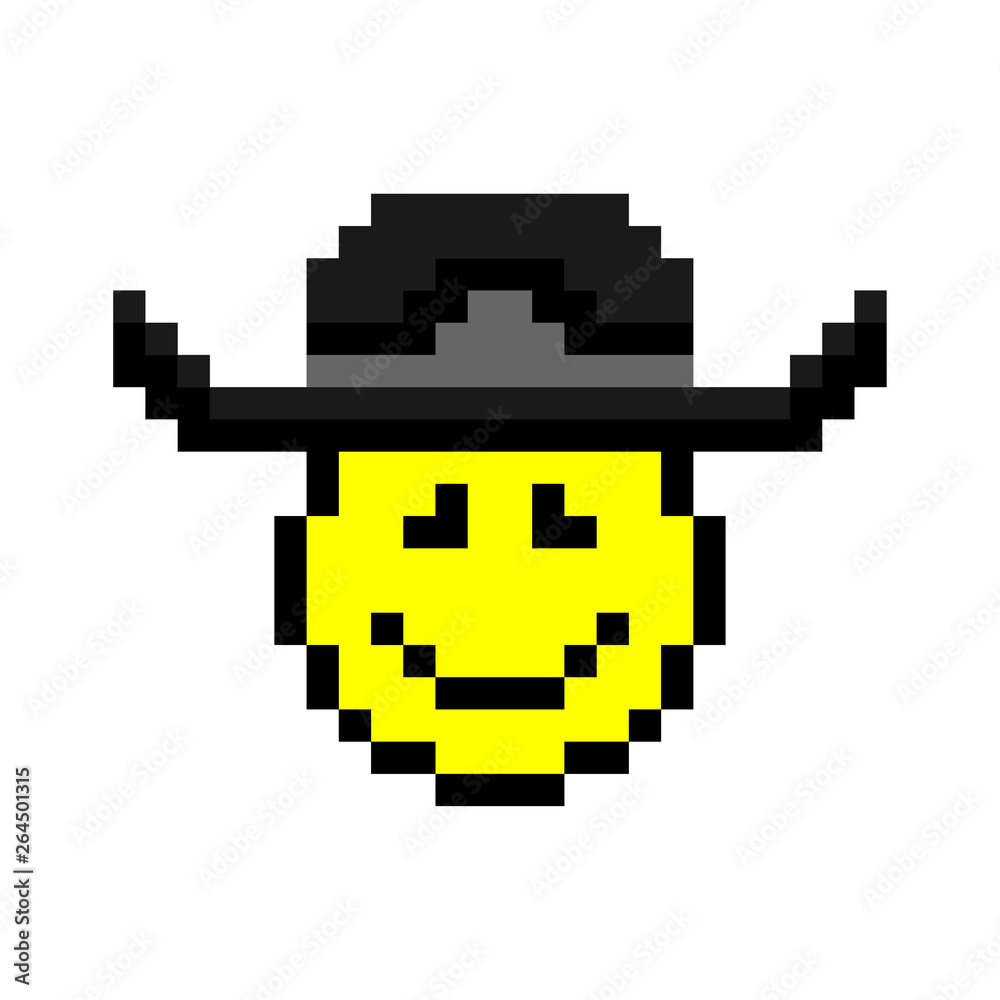 Cheerful smiling face. Black hat. Pixel vector drawing. Isolated object on white background. Isolate. Cheerful smiling face. Black hat. Pixel vector drawing. Isolated object on white background. Isolate.