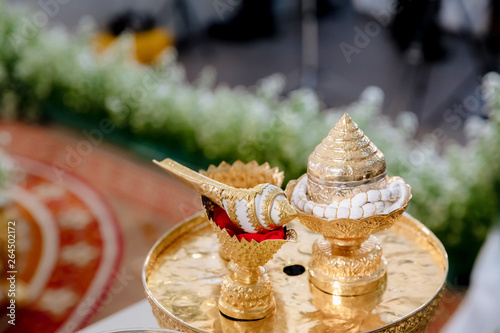 Traditional Thai Wedding ceremony atmosphere decoration and artifacts. golden tray with pedestal and the others. image for wedding objects, copy space and advertisement.