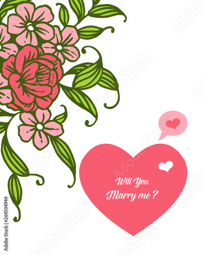 Vector illustration writing will you marry me with elegant pink bouqet frame