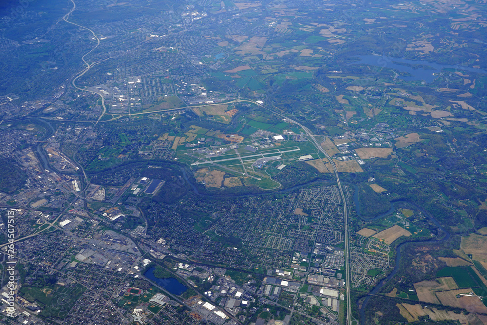 Aerial view of Reading, Pennsylvania and the Reading Regional Airport (RDG)