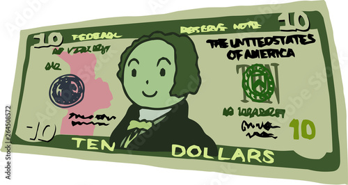Deformed Cute hand-painted 10 US dollar banknote 