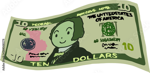 Deformed Cute hand-painted 10 US dollar banknote 
