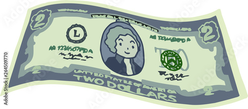Deformed Cute hand-painted 2 US dollar banknote