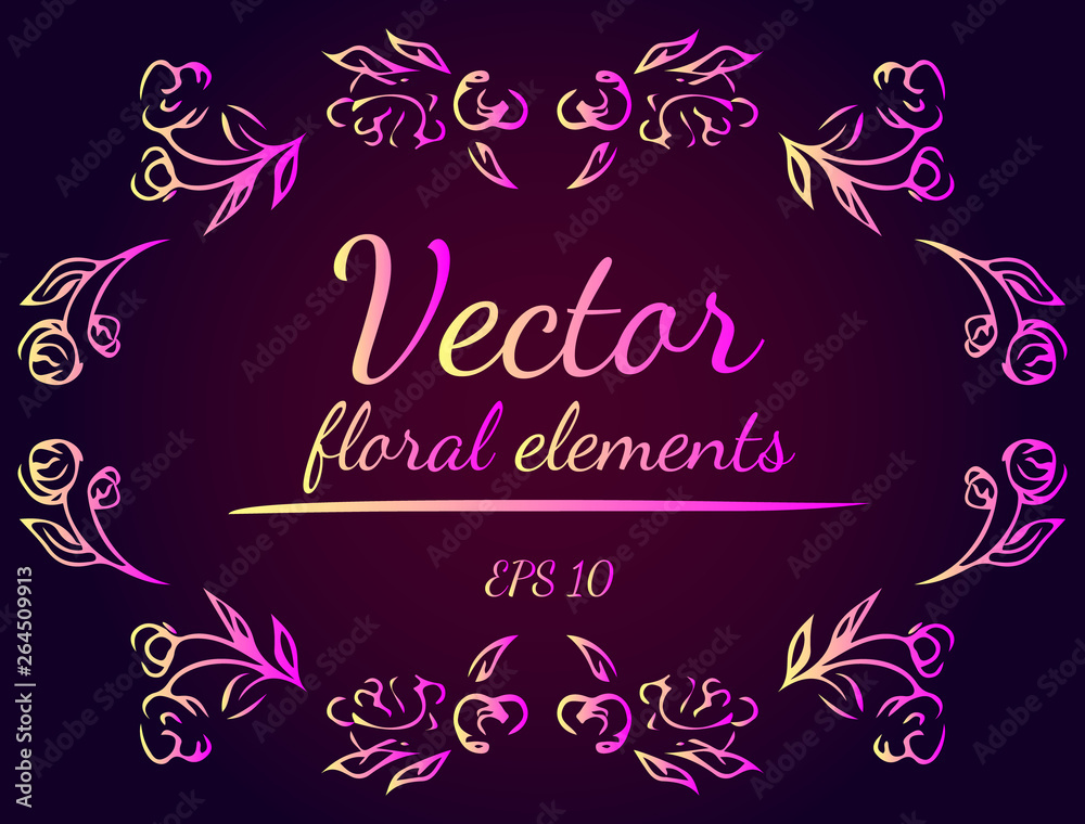 Wreath of roses or peonies flowers and branches with violet, yellow and pink colors. Floral Frame Design Elements For Invitations, Greeting Cards, Posters, Blogs. Hand drawn vector illustration.