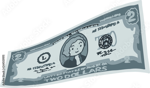 Monochrome Deformed Cute hand-painted 2 US dollar banknote