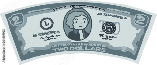 Monochrome Deformed Cute hand-painted 2 US dollar banknote