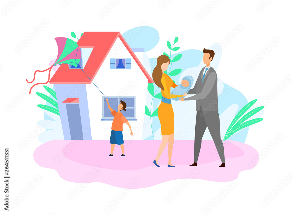 Family with Children Flat Vector Illustration