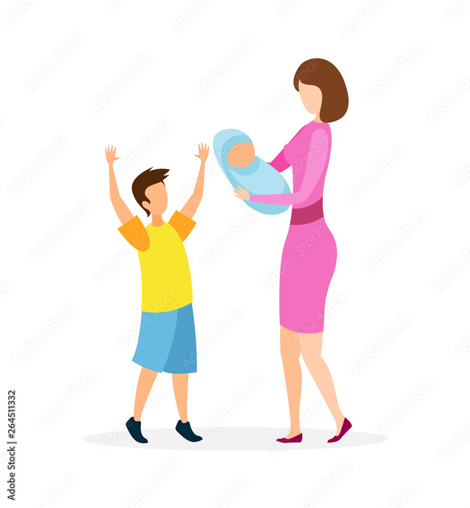 Young Lady with Children Flat Vector Illustration Young Lady with Children Flat Vector Illustration