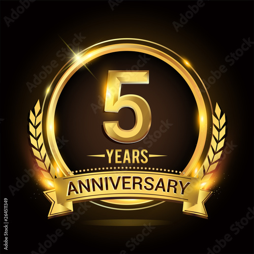 Celebrating 5th years anniversary logo with golden ring and ribbon, laurel wreath vector design.