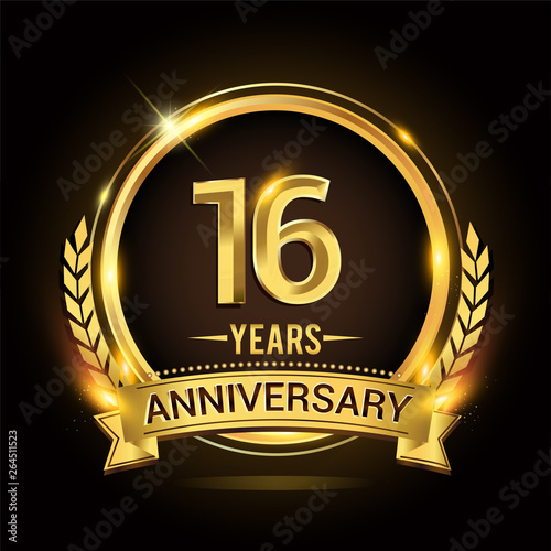 Celebrating 16th years anniversary logo with golden ring and ribbon, laurel wreath vector design.