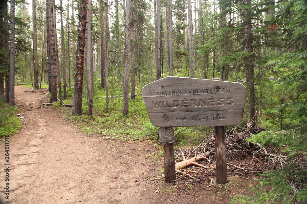 Absaroka-Beartooth Wilderness boundary Russell Creek Trail sign in Gallatin National Forest in Beartooth Mountains, Montana Absaroka-Beartooth Wilderness boundary Russell Creek Trail sign in Gallatin National Forest in Beartooth Mountains, Montana
