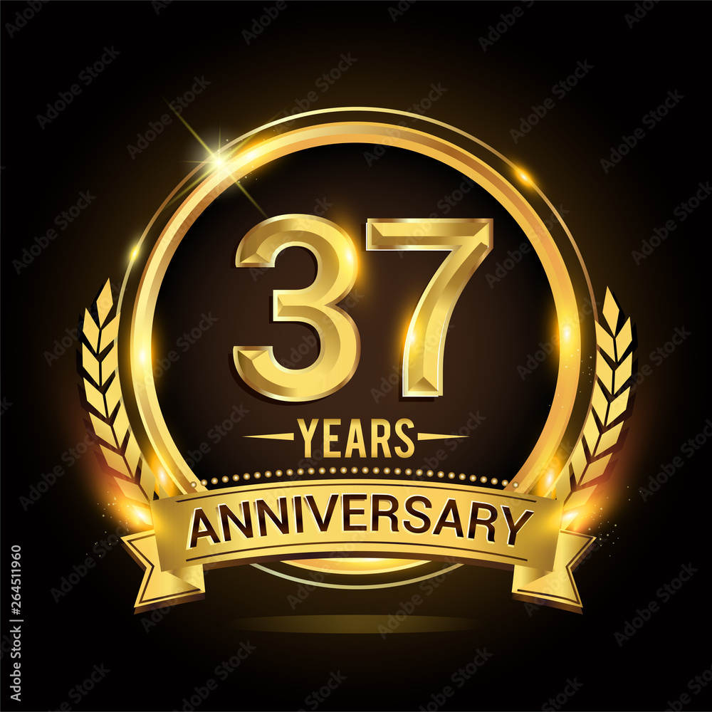 Celebrating 37th years anniversary logo with golden ring and ribbon, laurel wreath vector design.