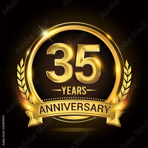 Celebrating 35th years anniversary logo with golden ring and ribbon, laurel wreath vector design.
