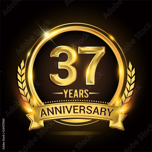 Obraz na płótnie Celebrating 37th years anniversary logo with golden ring and ribbon, laurel wreath vector design. w salonie