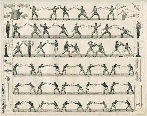 Fencing practice and techniques Rapier Saber Sword Engraving 1856