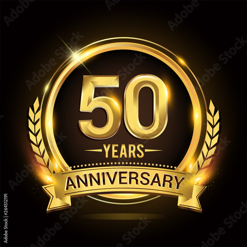 Celebrating 50th years anniversary logo with golden ring and ribbon, laurel wreath vector design.
