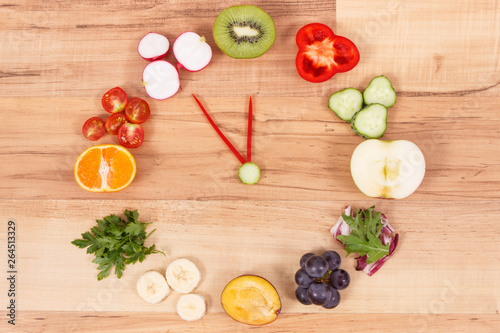 Clock made of fruits and vegetables containing minerals, time for resolutions of healthy nutrition concept