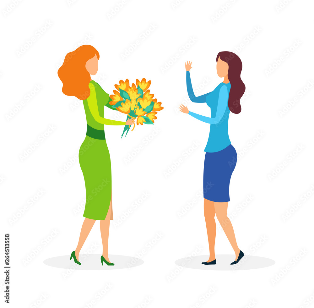Girlfriends with Flowers Flat Vector Illustration Girlfriends with Flowers Flat Vector Illustration
