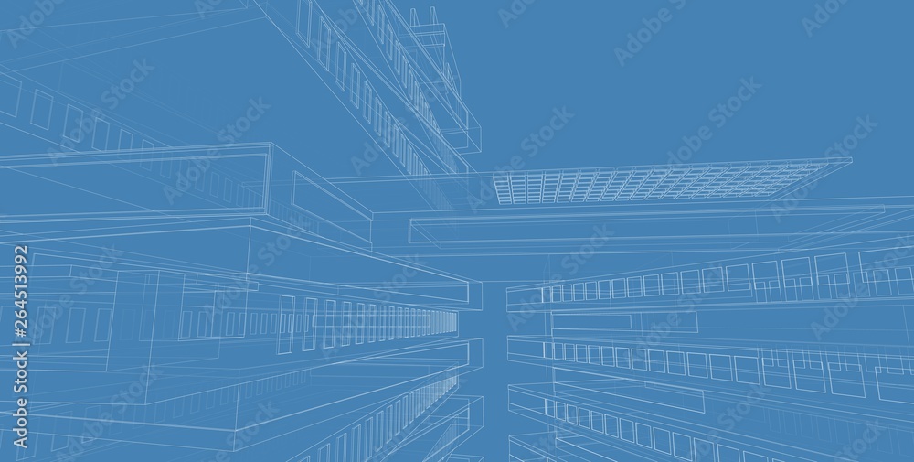 3D illustration architecture building perspective lines.