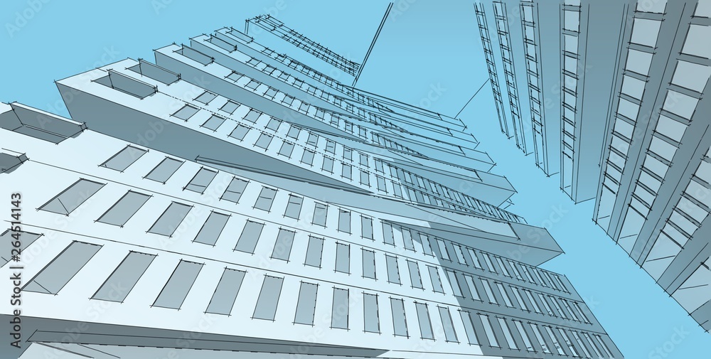 Naklejka premium 3D illustration architecture building perspective lines.