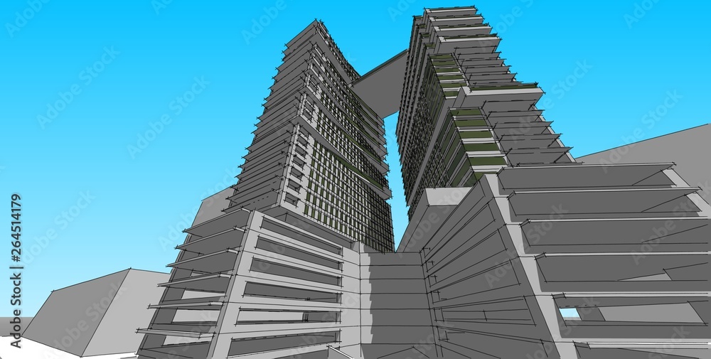 Fototapeta premium 3D illustration architecture building perspective lines.
