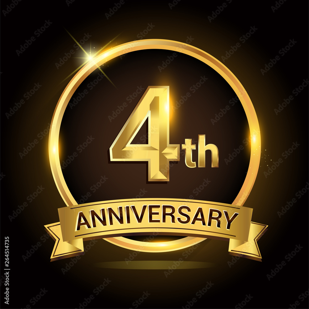 4th golden anniversary logo, with shiny ring and ribbon, laurel wreath isolated on black background, vector design 4th golden anniversary logo, with shiny ring and ribbon, laurel wreath isolated on black background, vector design