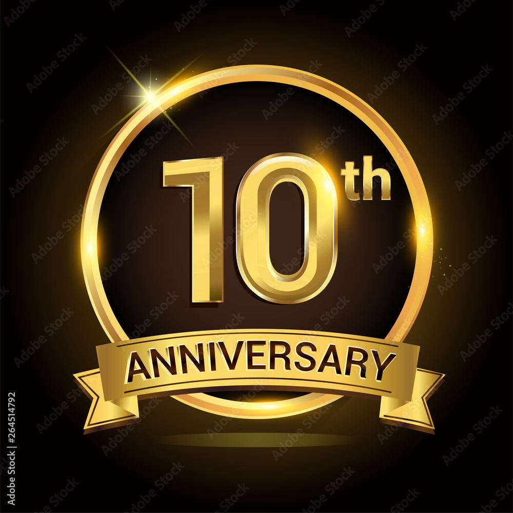 10th golden anniversary logo, with shiny ring and ribbon, laurel wreath isolated on black background, vector design 10th golden anniversary logo, with shiny ring and ribbon, laurel wreath isolated on black background, vector design