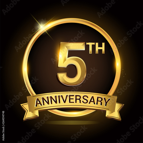 5th golden anniversary logo, with shiny ring and ribbon, laurel wreath isolated on black background, vector design