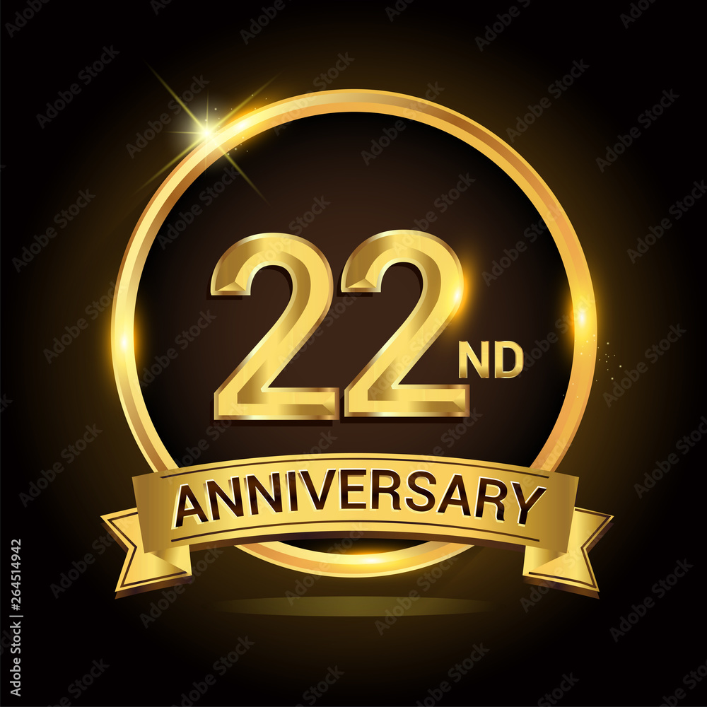 22nd golden anniversary logo, with shiny ring and ribbon, laurel wreath isolated on black background, vector design 22nd golden anniversary logo, with shiny ring and ribbon, laurel wreath isolated on black background, vector design