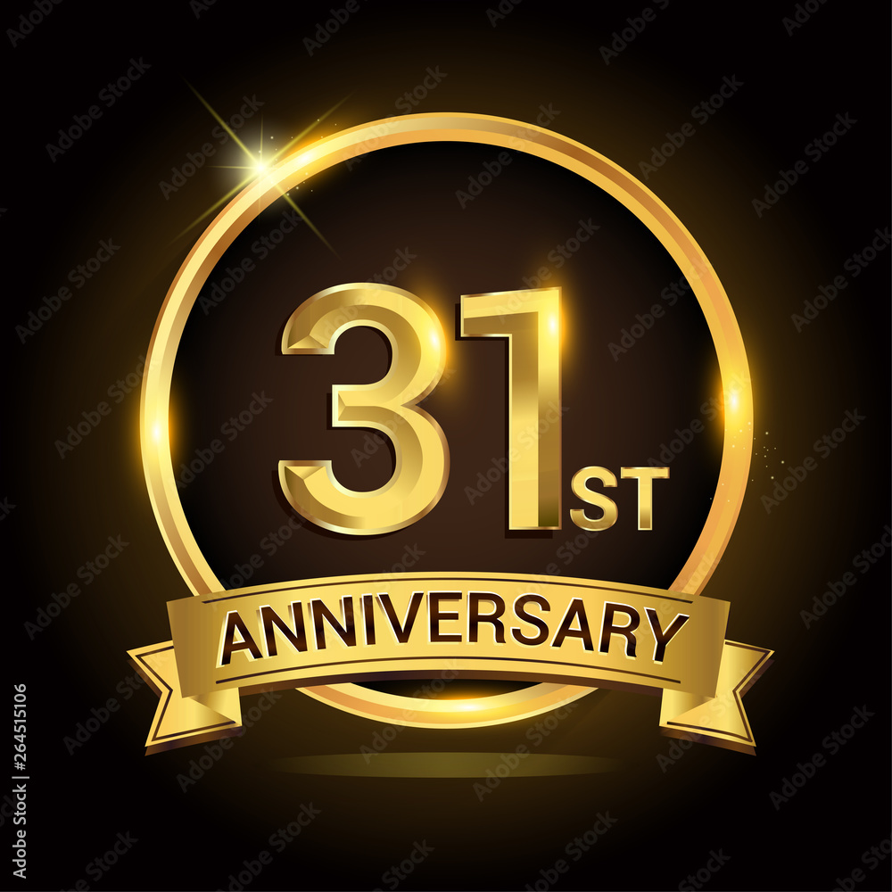 31st golden anniversary logo, with shiny ring and ribbon, laurel wreath isolated on black background, vector design