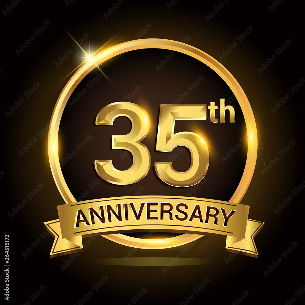 35th golden anniversary logo, with shiny ring and ribbon, laurel wreath isolated on black background, vector design 35th golden anniversary logo, with shiny ring and ribbon, laurel wreath isolated on black background, vector design
