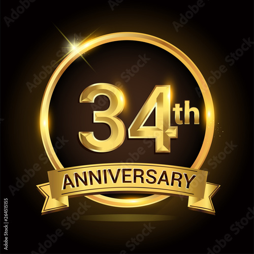 34th golden anniversary logo, with shiny ring and ribbon, laurel wreath isolated on black background, vector design
