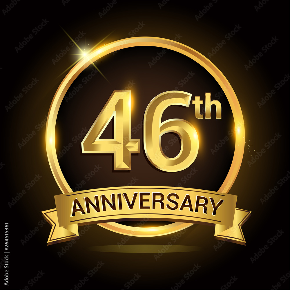 46th golden anniversary logo, with shiny ring and ribbon, laurel wreath isolated on black background, vector design 46th golden anniversary logo, with shiny ring and ribbon, laurel wreath isolated on black background, vector design