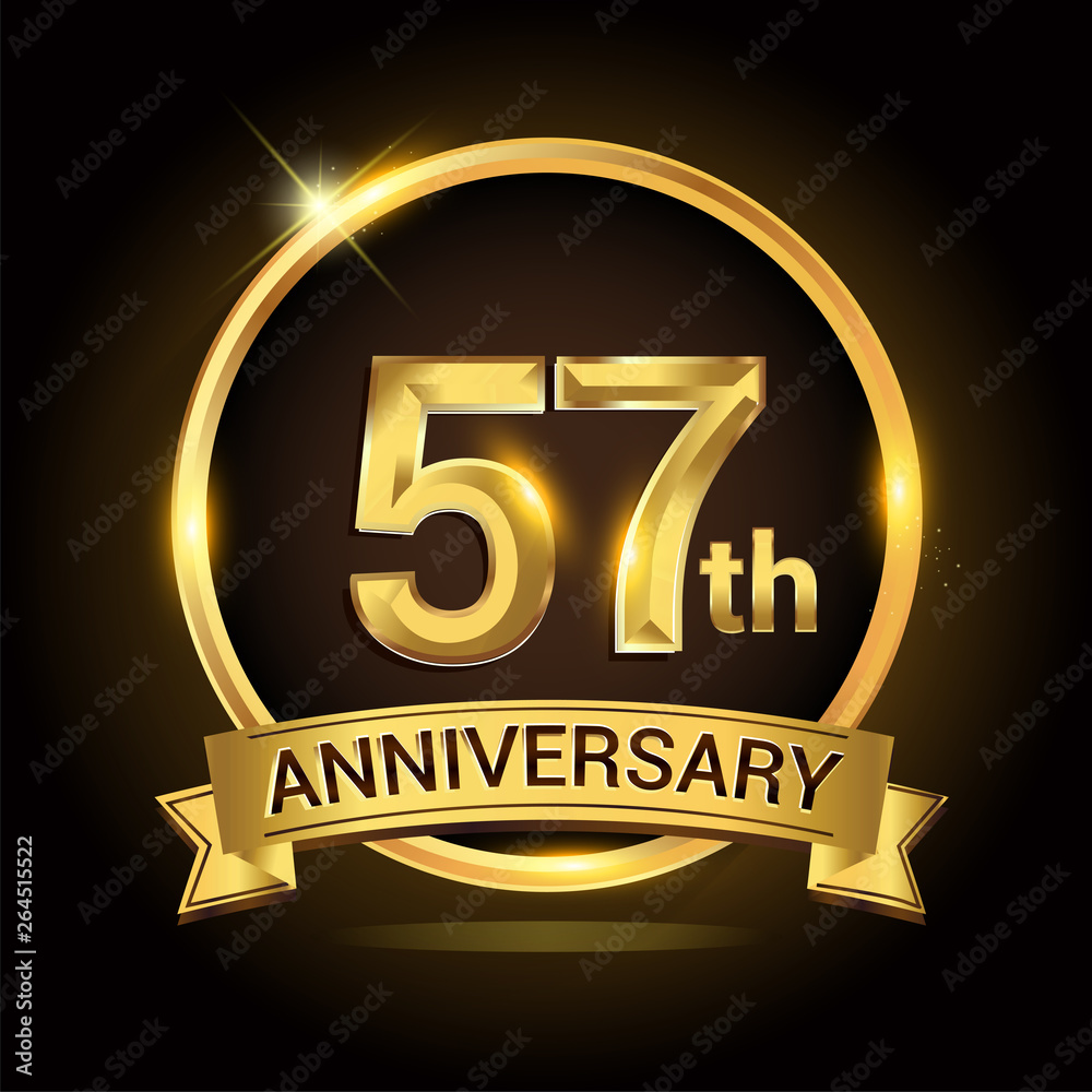 57th golden anniversary logo, with shiny ring and ribbon, laurel wreath isolated on black background, vector design 57th golden anniversary logo, with shiny ring and ribbon, laurel wreath isolated on black background, vector design
