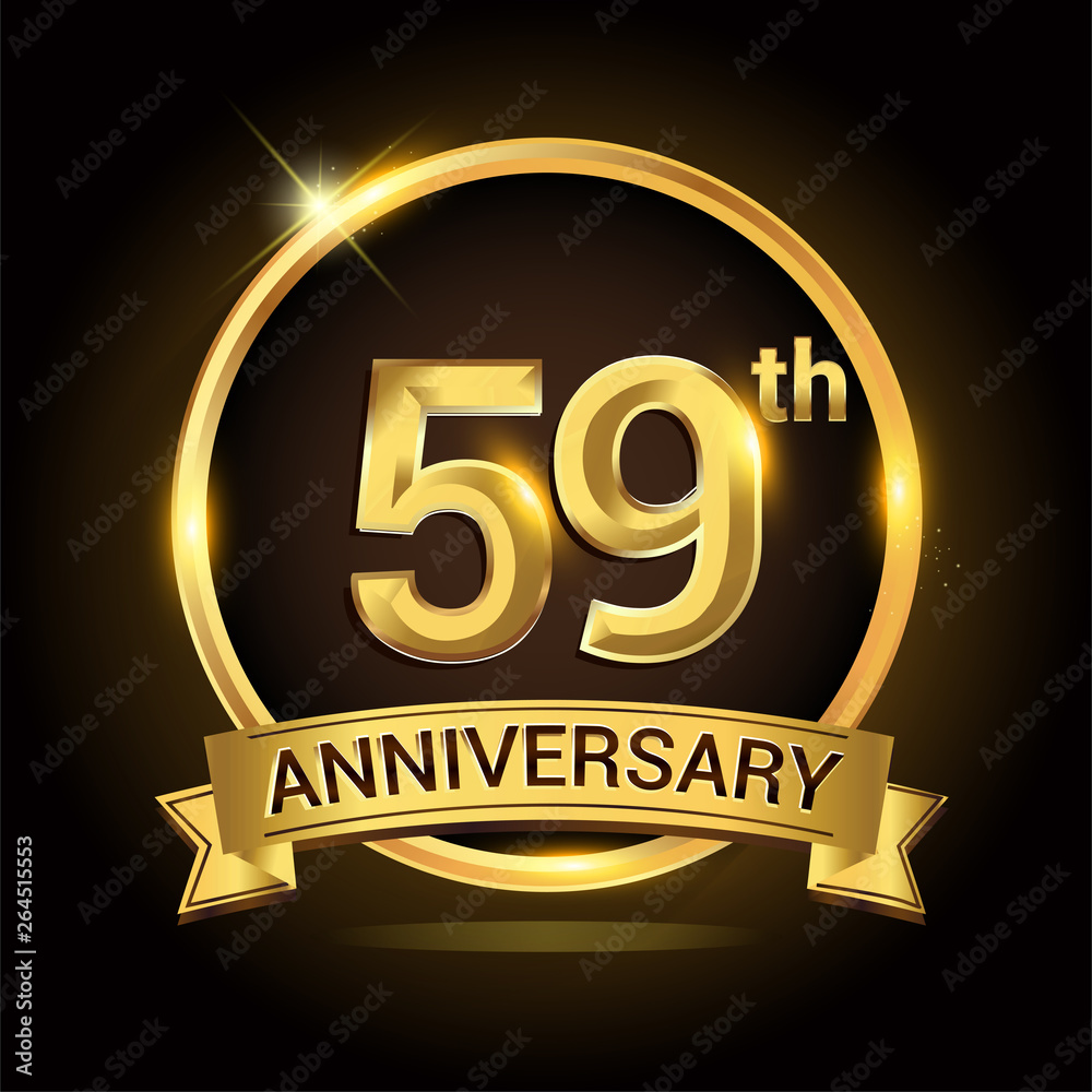 59th golden anniversary logo, with shiny ring and ribbon, laurel wreath isolated on black background, vector design 59th golden anniversary logo, with shiny ring and ribbon, laurel wreath isolated on black background, vector design