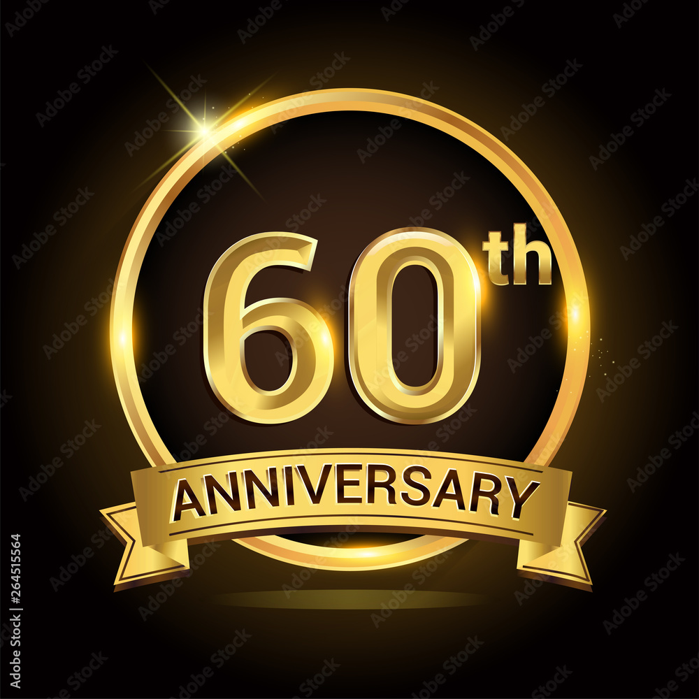 60th golden anniversary logo, with shiny ring and ribbon, laurel wreath isolated on black background, vector design 60th golden anniversary logo, with shiny ring and ribbon, laurel wreath isolated on black background, vector design