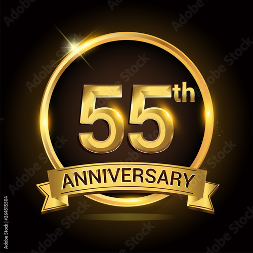 55th golden anniversary logo, with shiny ring and ribbon, laurel wreath isolated on black background, vector design